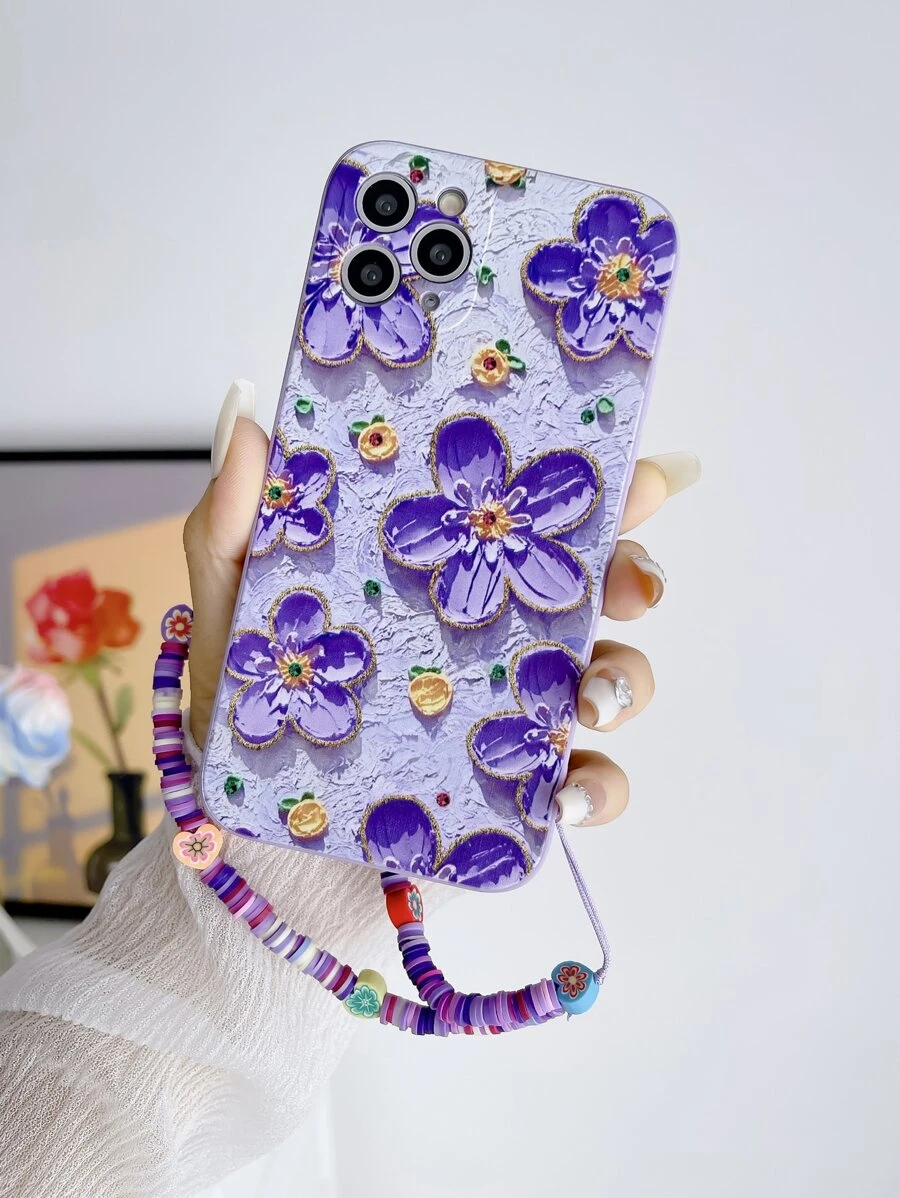 Floral Pattern Phone Case With Lanyard,International Version, Not The Domestic Version - Multicolor - View 1