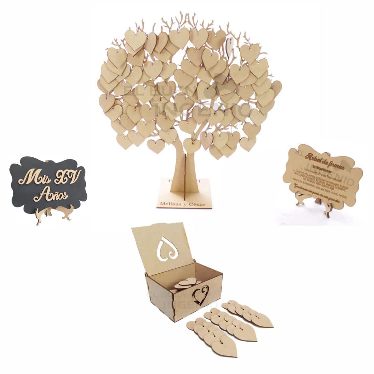 Arbol de firmas para 100 invitados para Xv años - Incluye árbol de firmas, cajita para guardar los corazones, letrero de instrucciones y 100 corazones - Multicolor - Ver 1