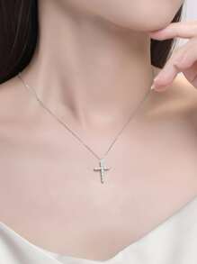 ELSEDES 1入組時尚&優雅S925純銀交叉造型吊墜項鍊帶發亮的方晶鋯石石頭,精美設計適用於女性日常&節日