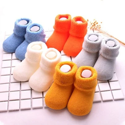 5pairs/pack Thickened Warm Loop Pile Solid Color Baby Socks For Autumn & Winter