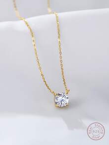 1入組簡約風S925純銀經典款式吊墜項鍊鑲嵌帶發亮的方晶鋯石,優雅和豪華適用於女性日常和辦公穿