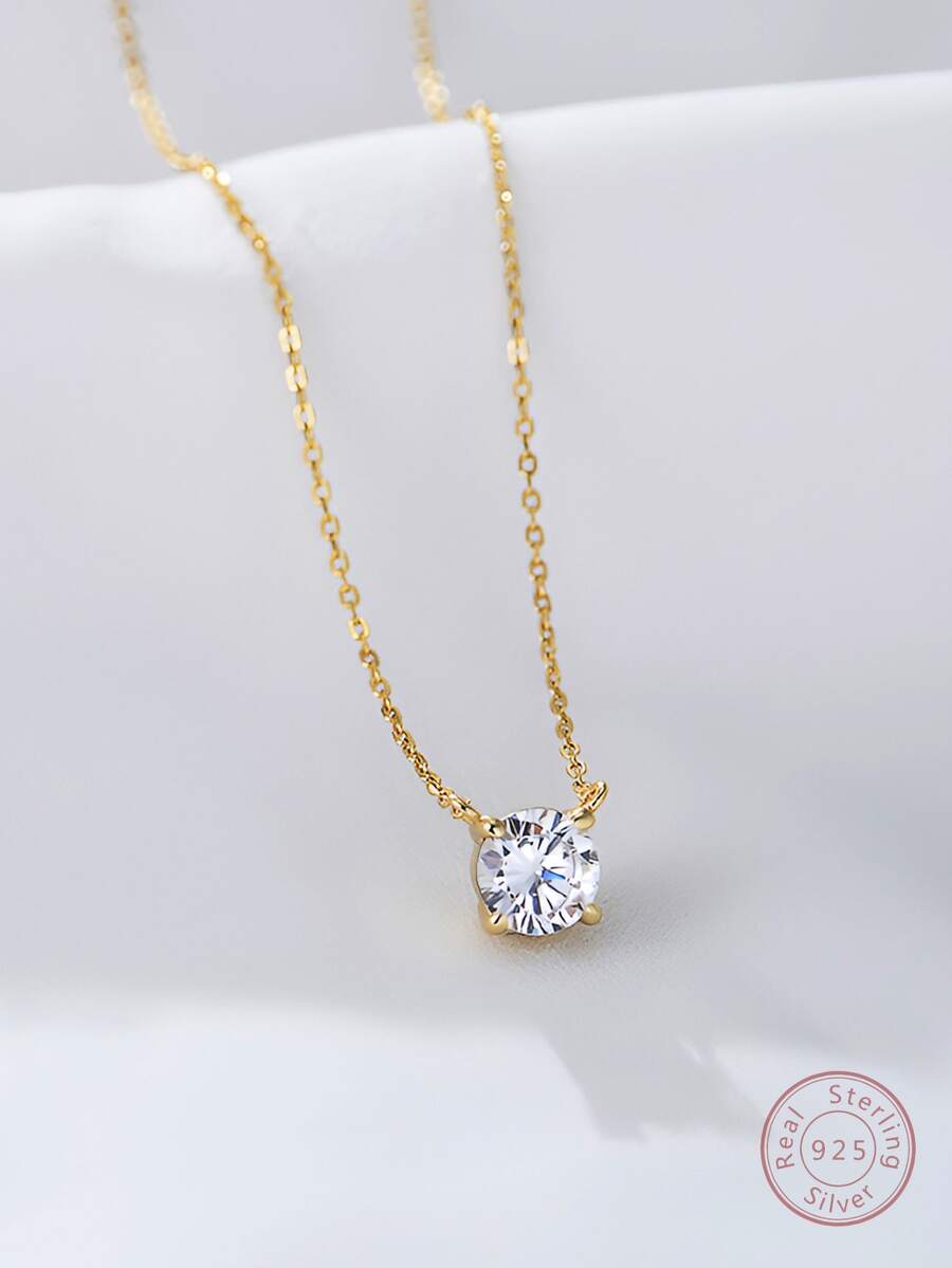 1入組簡約風S925純銀經典款式吊墜項鍊鑲嵌帶發亮的方晶鋯石,優雅和豪華適用於女性日常和辦公穿