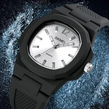 1入組男士石英表帶黑色錶盤,白色臉部,矽膠帶,學院風格,防水,時尚方形情侶手錶適合男人及女人 - 黑色 - 查看 4