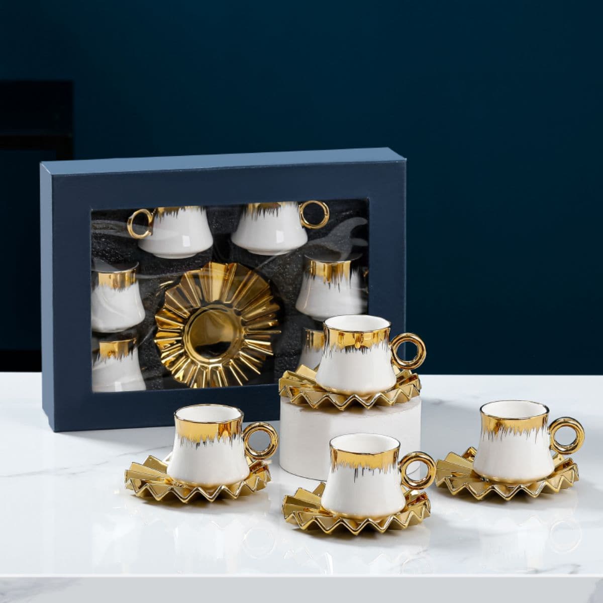 1 Set 90ml Ceramic Gold Plated Coffee Cup Set, Including 6 Cups & 6 Saucers In Gift Box Packaging - Gold - View 1