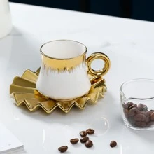 1 Set 90ml Ceramic Gold Plated Coffee Cup Set, Including 6 Cups & 6 Saucers In Gift Box Packaging - Gold - View 2