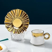 1 Set 90ml Ceramic Gold Plated Coffee Cup Set, Including 6 Cups & 6 Saucers In Gift Box Packaging - Gold - View 5
