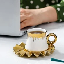 1 Set 90ml Ceramic Gold Plated Coffee Cup Set, Including 6 Cups & 6 Saucers In Gift Box Packaging - Gold - View 7