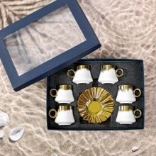 1 Set 90ml Ceramic Gold Plated Coffee Cup Set, Including 6 Cups & 6 Saucers In Gift Box Packaging - Gold - View 9
