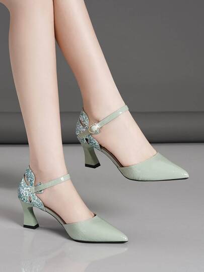 Women's Faux Pearl Decorated Sculptured Pointy Toe Ankle Strap High Heels, Fashion Rhinestone Chunky High Heel Hollow Out Shoes