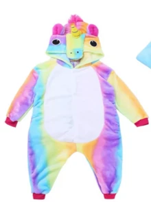 Unicorn Sleeping Romper With Hooded Unicorn Print, Multicolor Rainbow Unicorn Romper Pajamas For Children's Girls - 110 - 查看 3