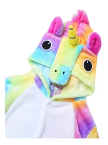Unicorn Sleeping Romper With Hooded Unicorn Print, Multicolor Rainbow Unicorn Romper Pajamas For Children's Girls - 110 - 查看 1