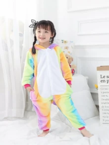 Unicorn Sleeping Romper With Hooded Unicorn Print, Multicolor Rainbow Unicorn Romper Pajamas For Children's Girls - 110 - 查看 2