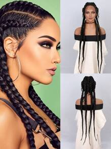 合成耐熱多股編織蕾絲假髮 13*13*1 長辮子頭髮 36 英寸黑色日常用於女性自然外觀優質合成柔軟初學者友好假髮 - 黑色 - 查看 1