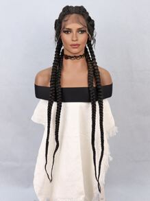 合成耐熱多股編織蕾絲假髮 13*13*1 長辮子頭髮 36 英寸黑色日常用於女性自然外觀優質合成柔軟初學者友好假髮 - 黑色 - 查看 6