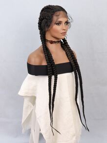 合成耐熱多股編織蕾絲假髮 13*13*1 長辮子頭髮 36 英寸黑色日常用於女性自然外觀優質合成柔軟初學者友好假髮 - 黑色 - 查看 7