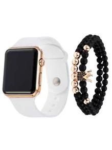 1入組男士矽膠錶帶數字手錶和1入組王冠形狀手環,合適日常裝飾 - 白色 - 查看 1