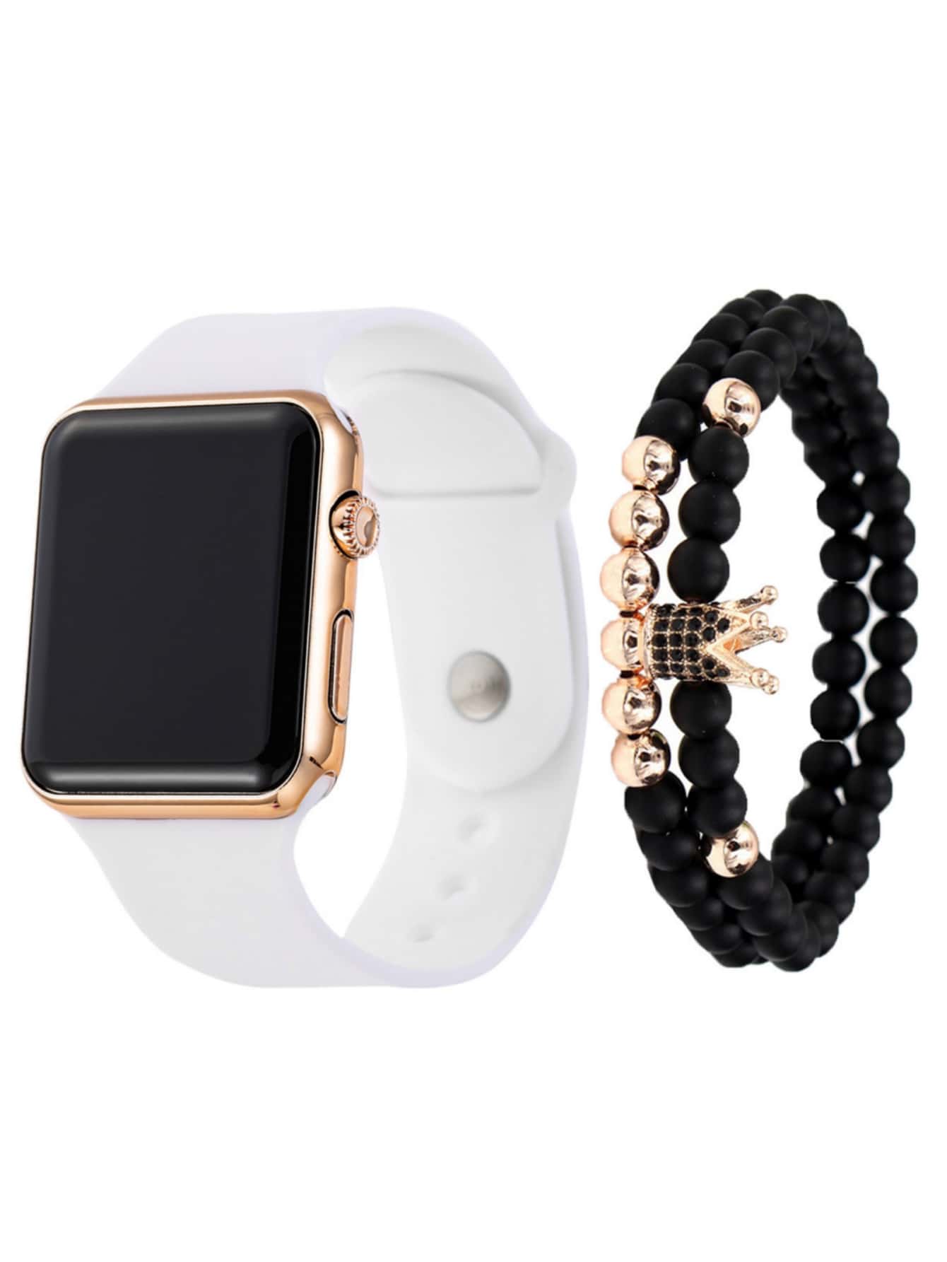 1入組男士矽膠錶帶數字手錶和1入組王冠形狀手環,合適日常裝飾 - 白色 - 查看 1