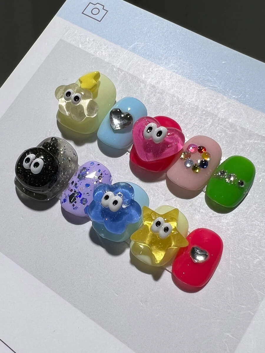 10 Mẹo vẽ móng tay vuông ngắn phong cách Y2K với thiết kế hình mắt hoạt hình, có thể tháo rời và tái sử dụng, bao gồm 1 keo thạch và 1 dũa móng tay Bấm vào dụng cụ làm móng - Nhiều màu - Xem 1