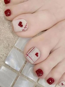 24 piezas arte de uñas de pie Set en de moda vino rojo brillante en forma de corazón Decoración para mujeres con Chicas , con gelatina gel con Lima de uña - Burdeos - Ver 1
