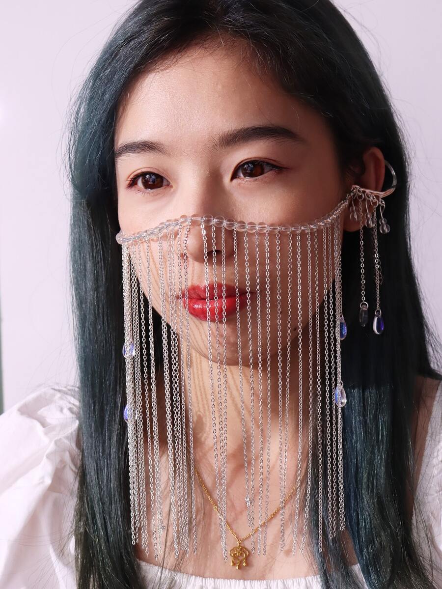 1pc Silver Color Fancy Face Veil & Ear Hook Jewelry For Women - Silver - View 1