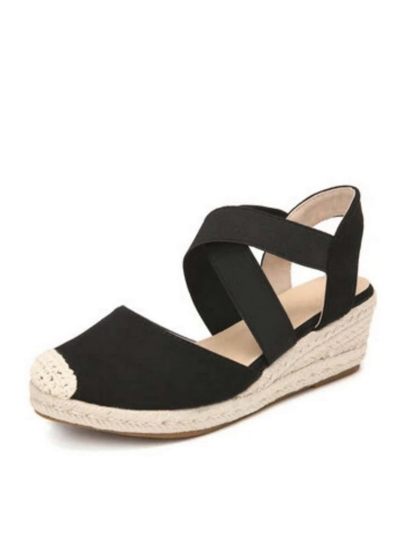 Women's Peep Toe Cross Straps Velvet Fabric Rope Wedge Sandals