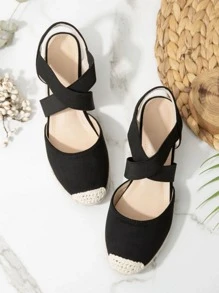 女士魚嘴交叉背帶天鵝絨面料繩索坡跟涼鞋 - 黑色 - 查看 4