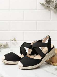 女士魚嘴交叉背帶天鵝絨面料繩索坡跟涼鞋 - 黑色 - 查看 6