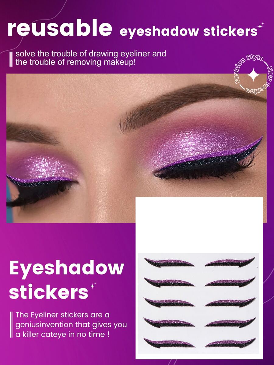 Pegatina de tatuaje, 1 hoja Tatuajes temporales de delineador de ojos con purpurina, para mujeres, pegatinas de tatuaje para adultos, delineador de ojos de tatuaje realista, para mujeres y niñas - Multicolor - Ver 1
