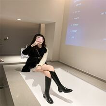 女性時髦性感法語V型鏤空粗跟高筒靴,百搭戰鬥過膝靴子 - 黑色 - 查看 2