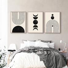 3入組/套當代黑色淺褐色的抽象繪畫&幾何圖案復古海報帆布印花現代簡約掛畫適用於客廳,臥室,家庭裝飾用品 - 杏色 - 查看 2