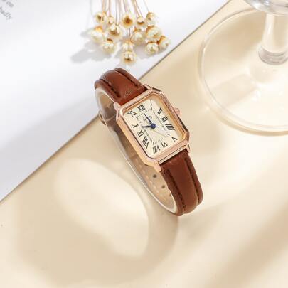 1pc Teenager/Student Square Roman Numeral Dial Leather Band Quartz Watch, Suitable For Birthday, Anniversary, Halloween Gifts, Year-End Promotion