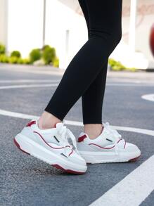 Fashionable Lace-Up Thick Sole Elevator Sneakers, Versatile White Leather Sneakers With Waterproof Surface For Couples, White & Red