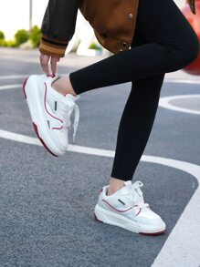 Fashionable Lace-Up Thick Sole Elevator Sneakers, Versatile White Leather Sneakers With Waterproof Surface For Couples, White & Red