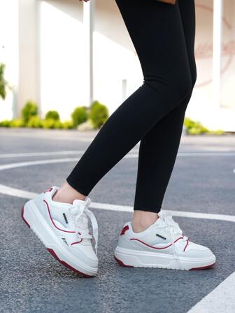 Fashionable Lace-Up Thick Sole Elevator Sneakers, Versatile White Leather Sneakers With Waterproof Surface For Couples, White & Red