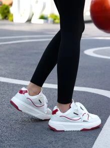 Fashionable Lace-Up Thick Sole Elevator Sneakers, Versatile White Leather Sneakers With Waterproof Surface For Couples, White & Red
