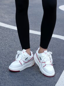 Fashionable Lace-Up Thick Sole Elevator Sneakers, Versatile White Leather Sneakers With Waterproof Surface For Couples, White & Red