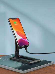 1pc Black Plastic Foldable Phone & Tablet Holder Adjustable, Multifunctional, Anti-Slip, Sturdy Desk Stand With Storage, Portable - Black - View 2