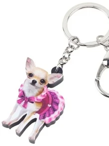 亞克力粉色的吉娃娃狗狗鑰匙扣圓環鑰匙扣可愛寵物首飾類適合女士女孩包車鑰匙禮物 - 銀色 - 查看 2