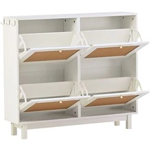 Rattan Boho Style Shoe Cabinet with 4 Flip Drawers, Modern 2-Tier Shoe Storage Organizer with Large Space, Free Standing Shoe Rack for Entrance Hallway, White - 白色 - 查看 4