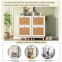 Rattan Boho Style Shoe Cabinet with 4 Flip Drawers, Modern 2-Tier Shoe Storage Organizer with Large Space, Free Standing Shoe Rack for Entrance Hallway, White - 白色 - 查看 3