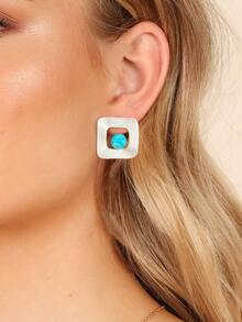 1pair Uneven Square Amazonite Stud Earrings For Women s925 Sterling Silver Mother's Day Valentine's Day Charm Handmade Fine Ladies Jewelry Gift - Silver - View 2