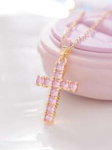 CVNANA 1 Stück modischer Zirkonia Kreuz Anhänger Halskette, Geschmuckgeschenk für Frauen, Freundin, Geburtstag, ohne Geschenkbox