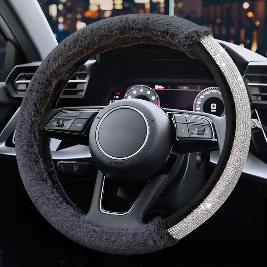 1入組方向盤套,汽車方向盤套,冬季毛絨、鼠鱗兔毛,鑲嵌鑽石裝飾,半絨毛半鑽石,透氣設計,橡膠防滑內環,毛絨舒適親膚