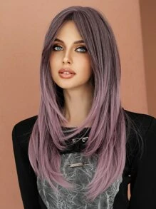 7JHH WIGS 粉色紫色渐变色合成假发，适合日常聚会，长直发分层假发，带刘海，女士耐热假发，24 英寸 - 紫色 - 查看 2