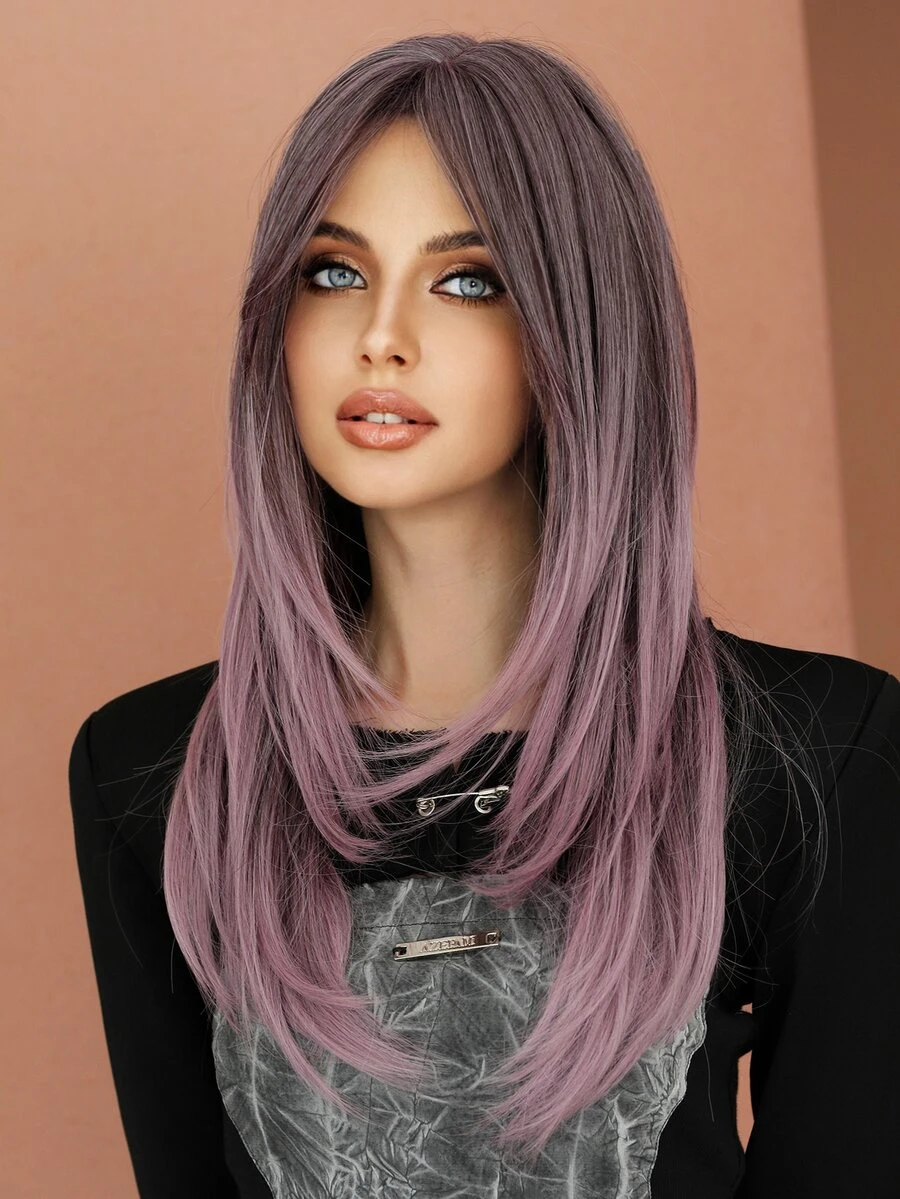 7JHH WIGS 粉色紫色渐变色合成假发，适合日常聚会，长直发分层假发，带刘海，女士耐热假发，24 英寸