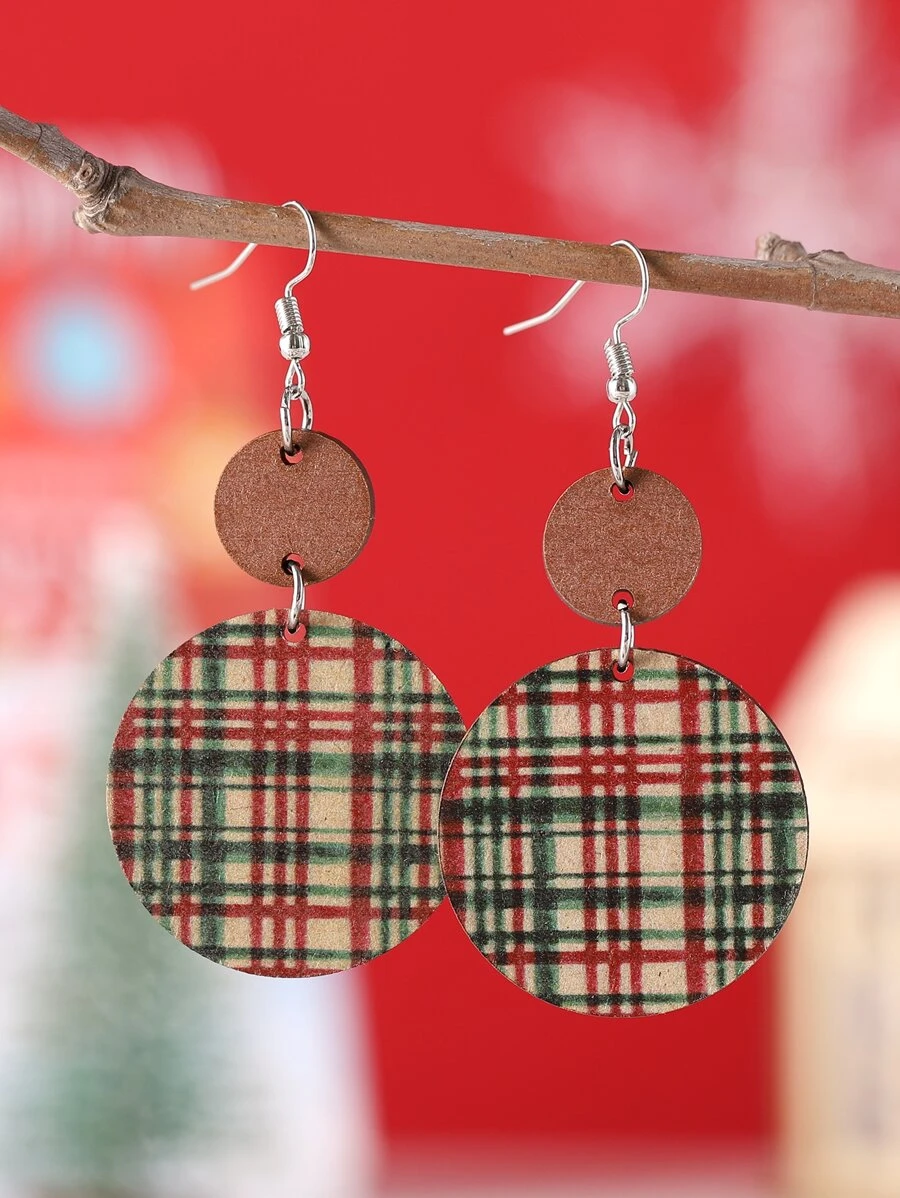 1 Pair Vintage Red & Green Plaid Round Pendant Earrings Set, Wooden Double-Sided Christmas Holiday Earrings For Women - Multicolor - View 1