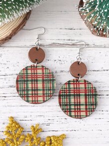 1 Pair Vintage Red & Green Plaid Round Pendant Earrings Set, Wooden Double-Sided Christmas Holiday Earrings For Women - Multicolor - View 2