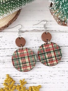 1 Pair Vintage Red & Green Plaid Round Pendant Earrings Set, Wooden Double-Sided Christmas Holiday Earrings For Women - Multicolor - View 3