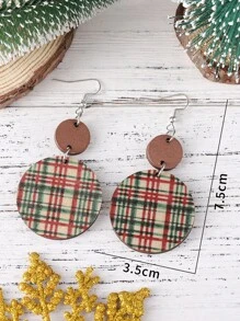 1 Pair Vintage Red & Green Plaid Round Pendant Earrings Set, Wooden Double-Sided Christmas Holiday Earrings For Women - Multicolor - View 4