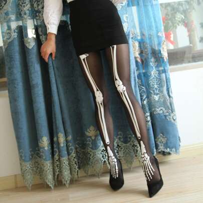 1 件女士骷髅印花紧身裤，完美搭配日常服装，万圣节